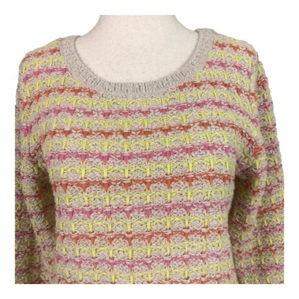 Loft Beige Textured Sweater Neon Yellow Hot Pink Strips Quarter Sleeve Small Y2K